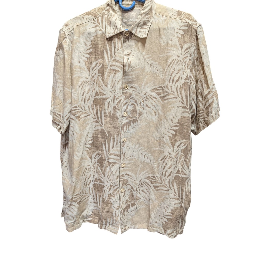 Margaritaville Silk Linen Shirt Mens Large Tan Tropical Leaf Excellent Hawaiian